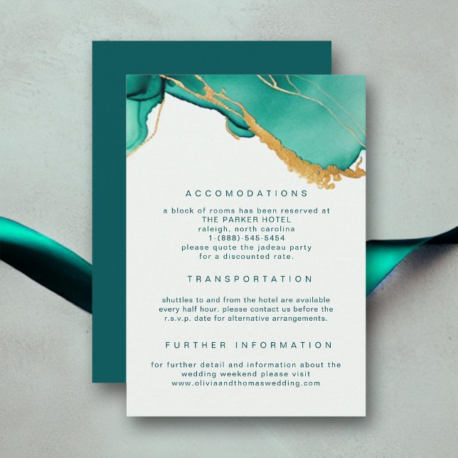 Modern Emerald Gold Summer Beach Wedding Details Enclosure Card (emerald green gold modern wedding details card elegant romantic beach)