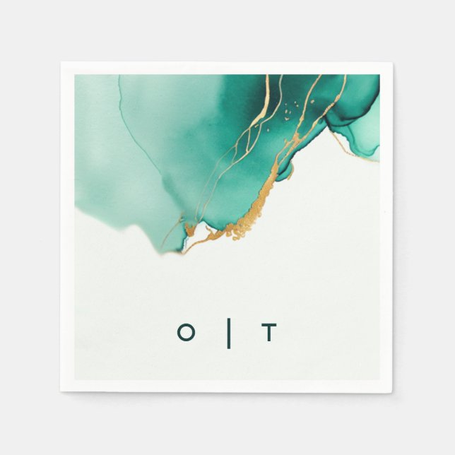 Modern Emerald Gold Teal Monogram Beach Wedding Napkin (Front)