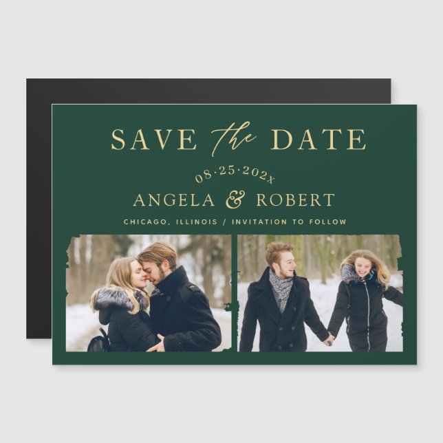 Modern Emerald Green 2 Photo Save the Date Magnet (Devant / Derrière)