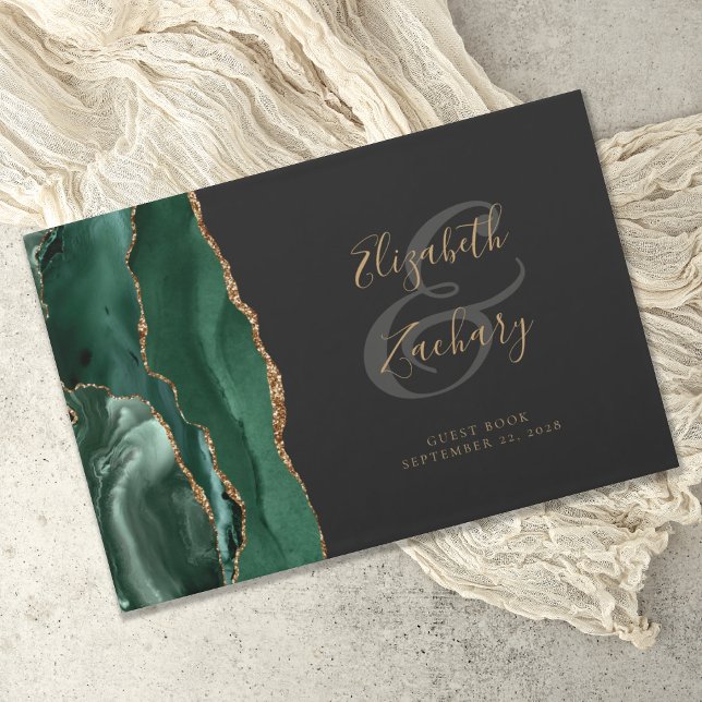 Modern Emerald Green Agate Gold Script Dark Guest Book (Creator Uploaded)