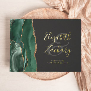 Modern Emerald Green Agate Gold Script Dark Guest Book