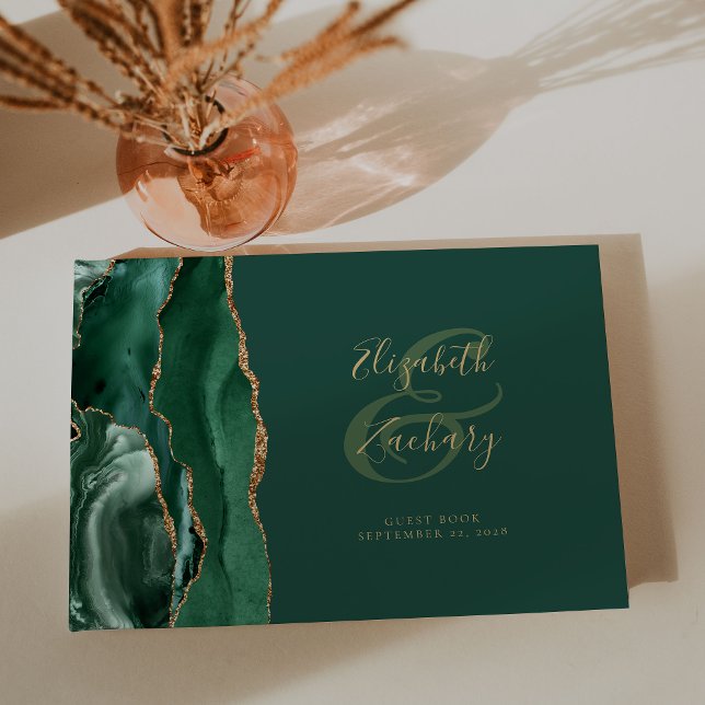 Modern Emerald Green Agate Gold Script Guest Book (Creator Uploaded)