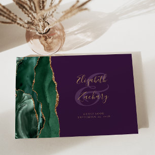 Modern Emerald Green Agate Gold Script Purple Guest Book