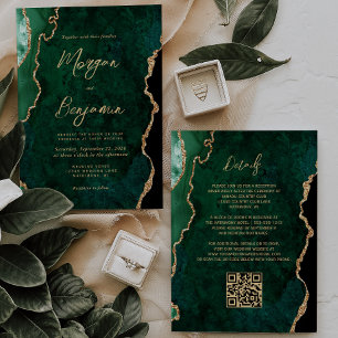Modern Emerald Green Agate Script QR Code Wedding Invitation