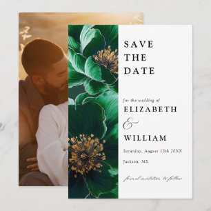 Modern Emerald Green And Gold Floral Photo Wedding Save The Date