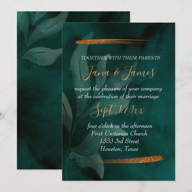 modern emerald green and leaves invitation (Front/Back)