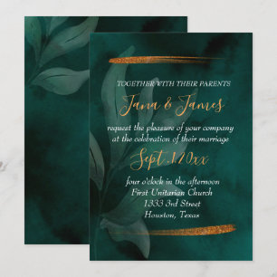 modern emerald green and leaves invitation