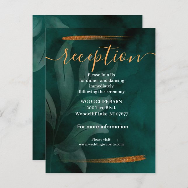 modern emerald green and leaves reception card (Front/Back)