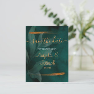 modern emerald green and leaves Save the Date Announcement Postcard