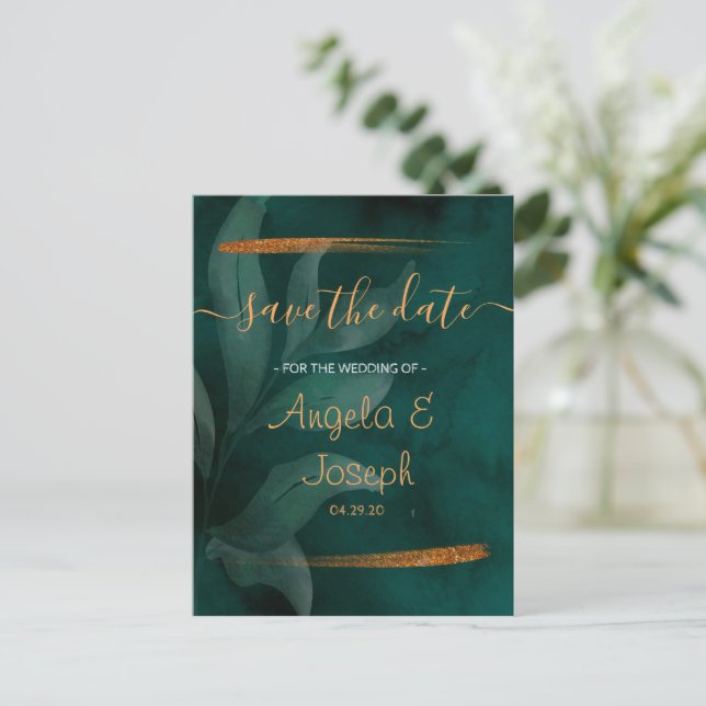 modern emerald green and leaves Save the Date Announcement Postcard (Standing Front)