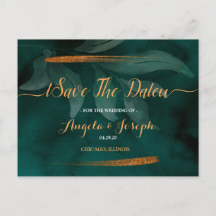 modern emerald green and leaves Save the Date Postcard