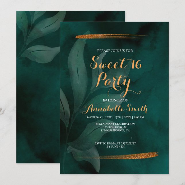 modern emerald green and leaves sweet 16 invitation (Front/Back)