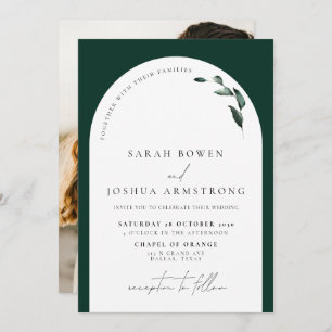 Modern Emerald Green Arch Botanical Photo Wedding Invitation