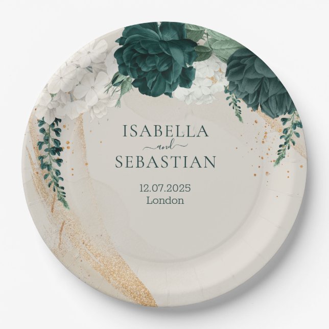 Modern Emerald Green Beige Floral Elegance Paper Plate (Front)