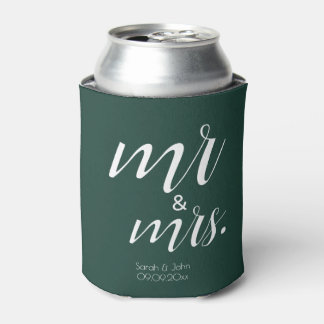 Modern Emerald Green Bold Mr & Mrs Wedding Can Cooler