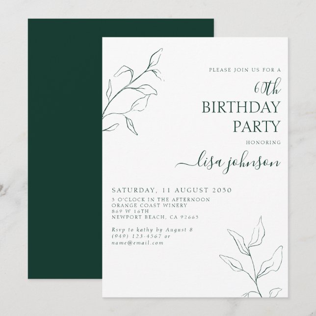 Modern Emerald Green Botanical 60th Birthday Invitation (Front/Back)