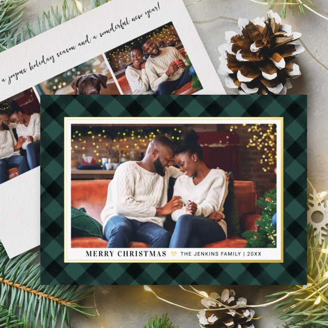 Modern Emerald Green Buffalo Plaid Christmas Photo Foil Holiday Card (Creator Uploaded)