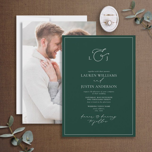 Modern Emerald Green Calligraphy Monogram Photo In Invitation (Creator Uploaded)