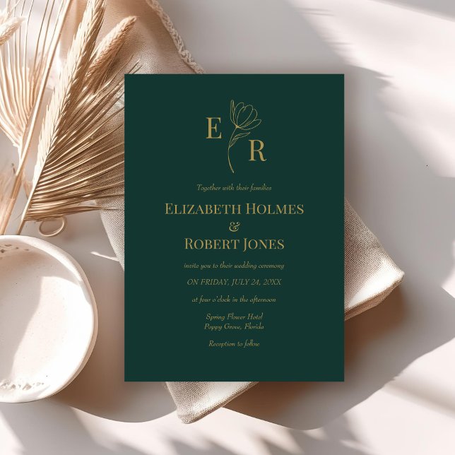 Modern Emerald Green Floral Monogram Wedding  Invitation (Modern Emerald Green Floral Monogram Wedding Invitation on a table.)
