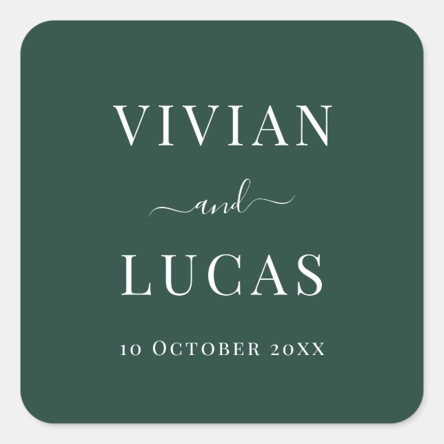 Modern Emerald Green Formal Minimal Wedding Square Sticker (Front)
