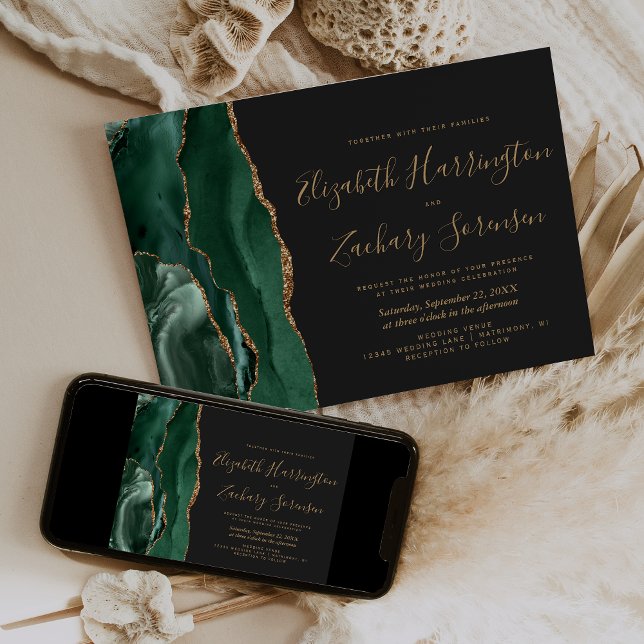 Modern Emerald Green Gold Agate Dark Wedding Invitation (Creator Uploaded)