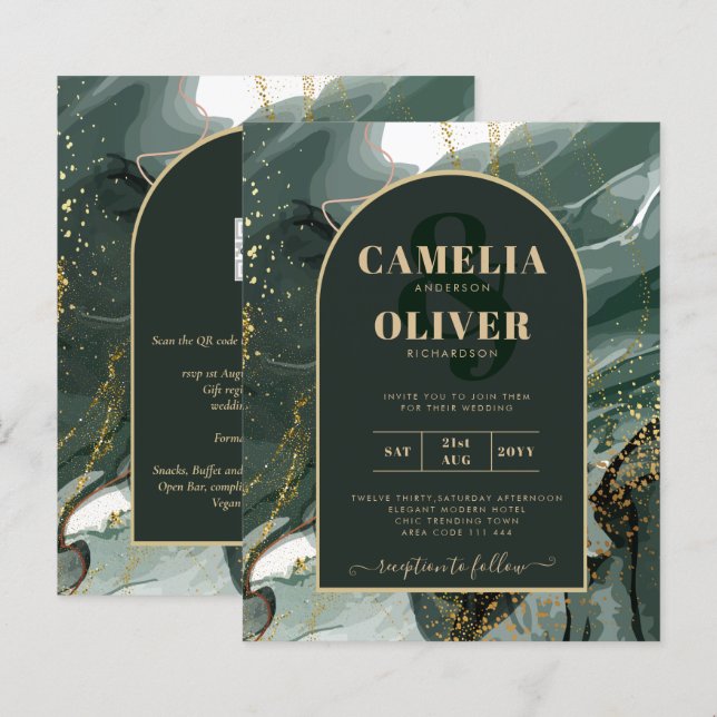 Modern Emerald Green Gold Agate Marble WEDDING (Front/Back)