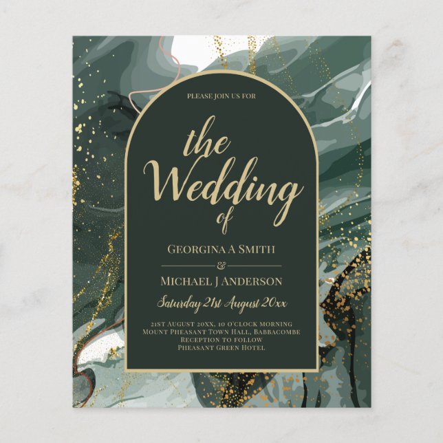 Modern Emerald Green Gold Agate Marble WEDDING Flyer (Front)