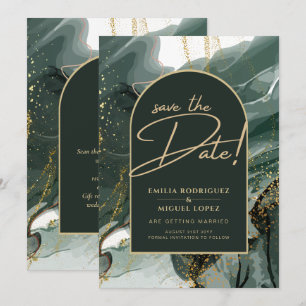 Modern Emerald Green Gold Agate Marble WEDDING Invitation