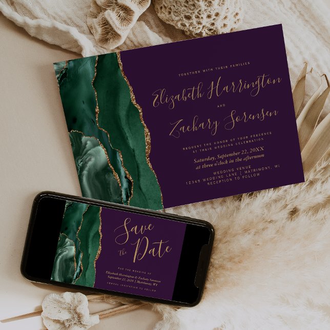 Modern Emerald Green Gold Agate Purple Wedding Invitation (Creator Uploaded)