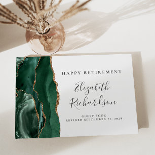 Modern Emerald Green Gold Agate Script Retirement Guest Book