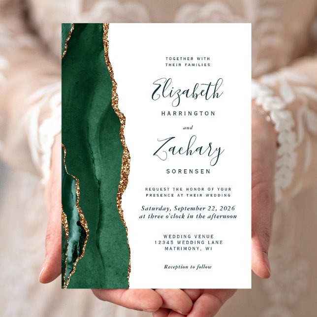 Modern Emerald Green Gold Agate Script Wedding Invitation (Creator Uploaded)