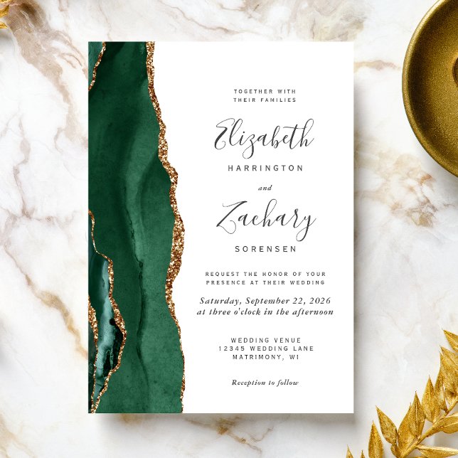 Modern Emerald Green Gold Agate Wedding Invitation (Creator Uploaded)