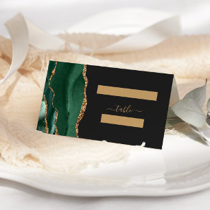 Modern Emerald Green Gold Agate Wedding Table Place Card