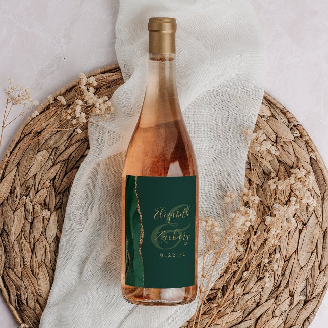 Modern Emerald Green Gold Agate Wedding Wine Label (Creator Uploaded)
