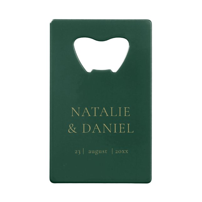 Modern Emerald Green & Gold Glamour Wedding Credit Card Bottle Opener (Back)