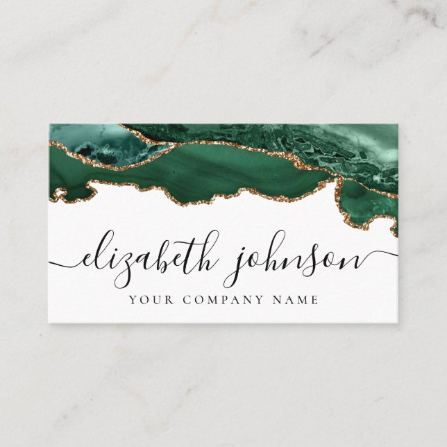Modern Emerald Green Gold Glitter Agate Marble Business Card (Front)