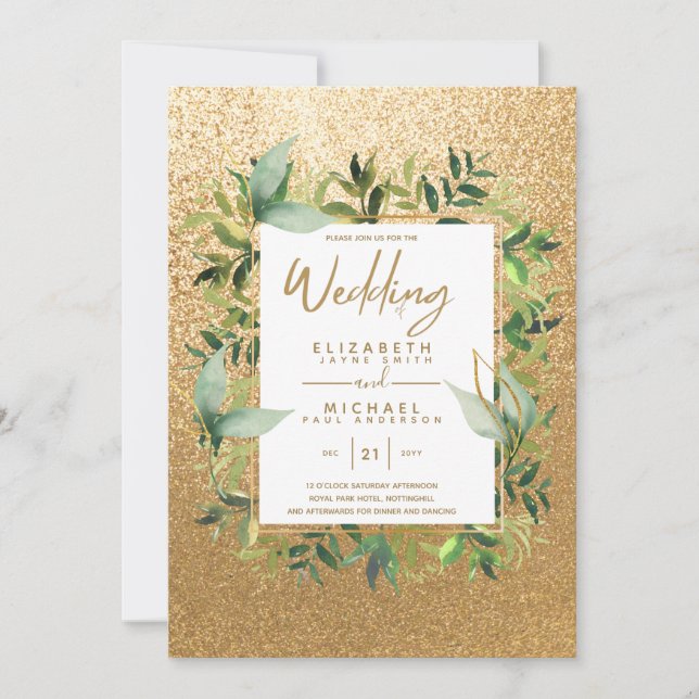 Modern Emerald Green Gold Greenery Wedding Invites (Front)