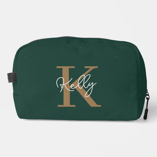 Modern Emerald Green Gold Monogram Script Dopp Kit (Front)