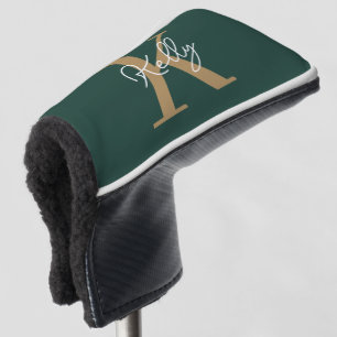 Modern Emerald Green Gold Monogram Script Golf Head Cover