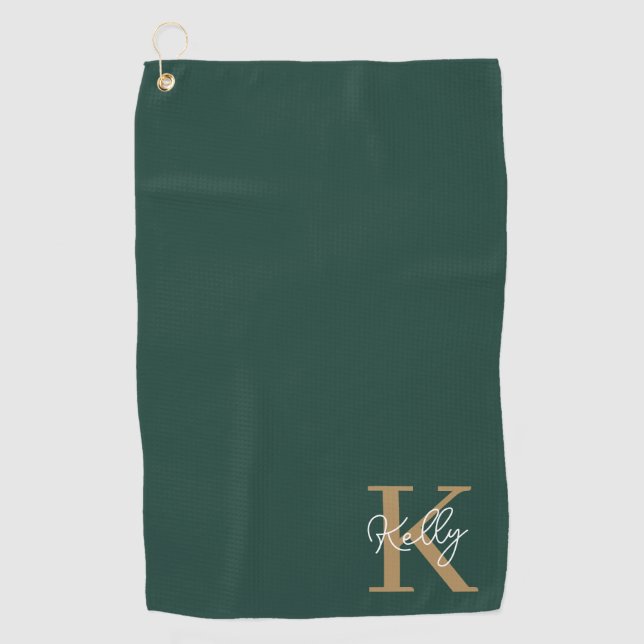Modern Emerald Green Gold Monogram Script Golf Towel (Front)