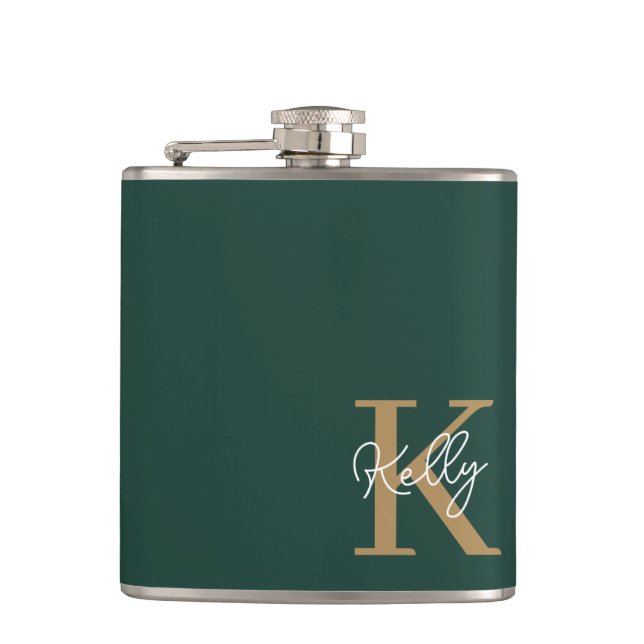Modern Emerald Green Gold Monogram Script Hip Flask (Front)