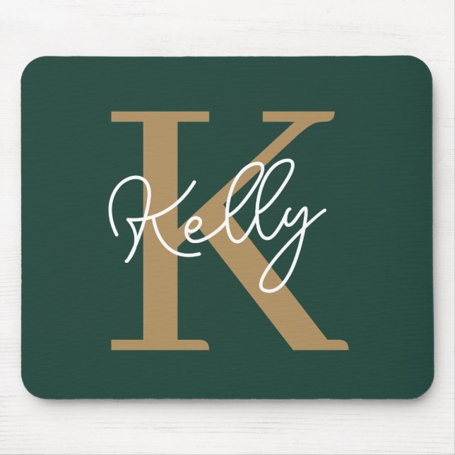 Modern Emerald Green Gold Monogram Script Mouse Pad (Front)