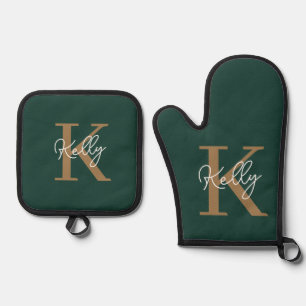 Modern Emerald Green Gold Monogram Script Oven Mitt & Pot Holder Set