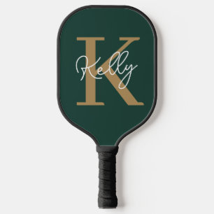Modern Emerald Green Gold Monogram Script Pickleball Paddle