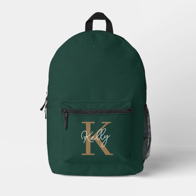 Modern Emerald Green Gold Monogram Script Printed Backpack (Front)