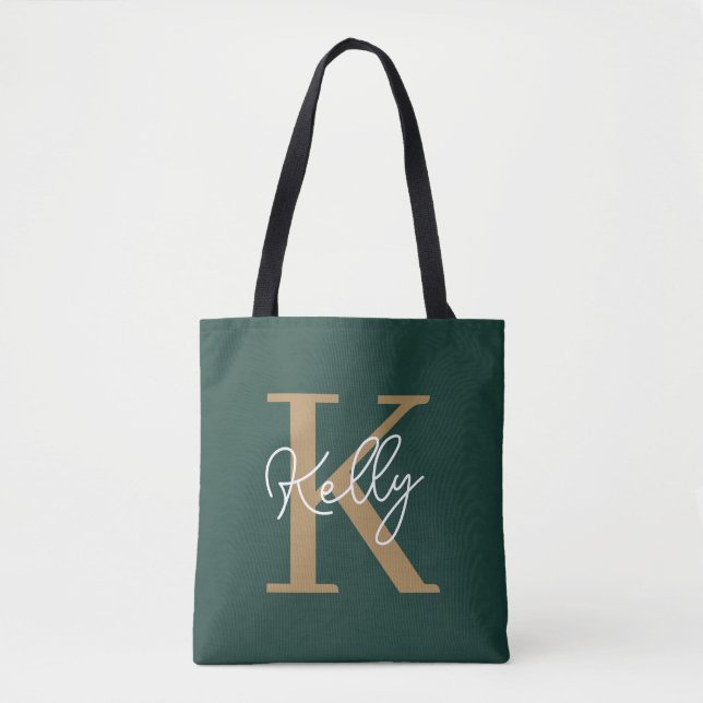 Modern Emerald Green Gold Monogram Script Tote Bag (Front)