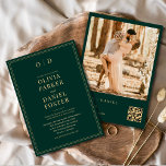 Modern Emerald Green Gold Photo QR Code Wedding Invitation<br><div class="desc">Announce your wedding with this modern emerald green and gold photo wedding invitation featuring a built-in QR code. The rich emerald backdrop paired with luxe gold accents creates a bold yet elegant look, while clean editorial typography keeps the design minimal and timeless. The QR code makes it easy for guests...</div>