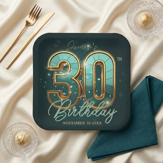 Modern Emerald Green Gold Typography 30th Birthday Paper Plate (Creator Uploaded)