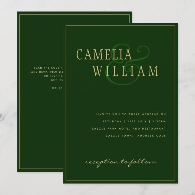 Modern Emerald Green Gold Wedding Invitation (Front/Back)