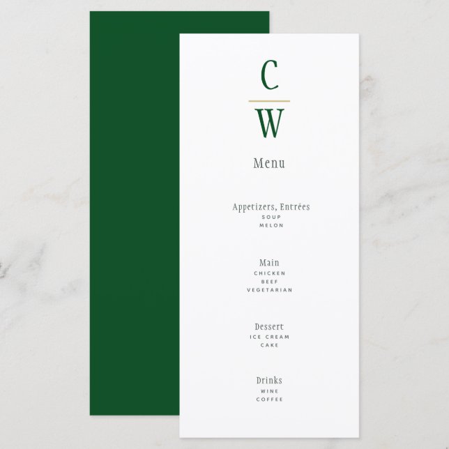 Modern Emerald Green Gold Wedding Monogrammed Menu (Front/Back)